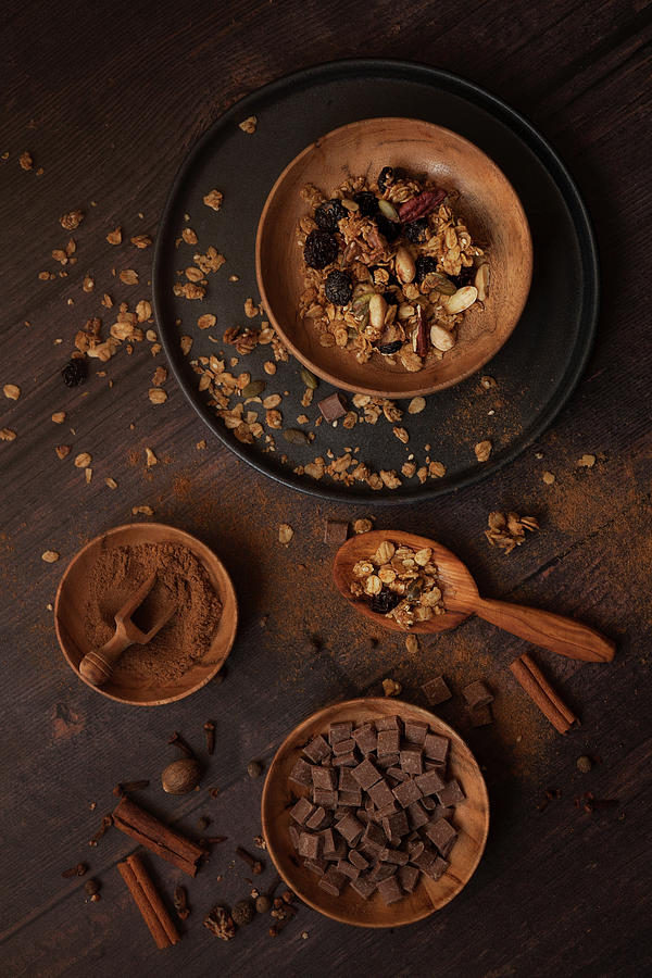 Granola Ingredietns In Shot Including Cinnamon And Chocolate Chips Photograph by Jane Saunders