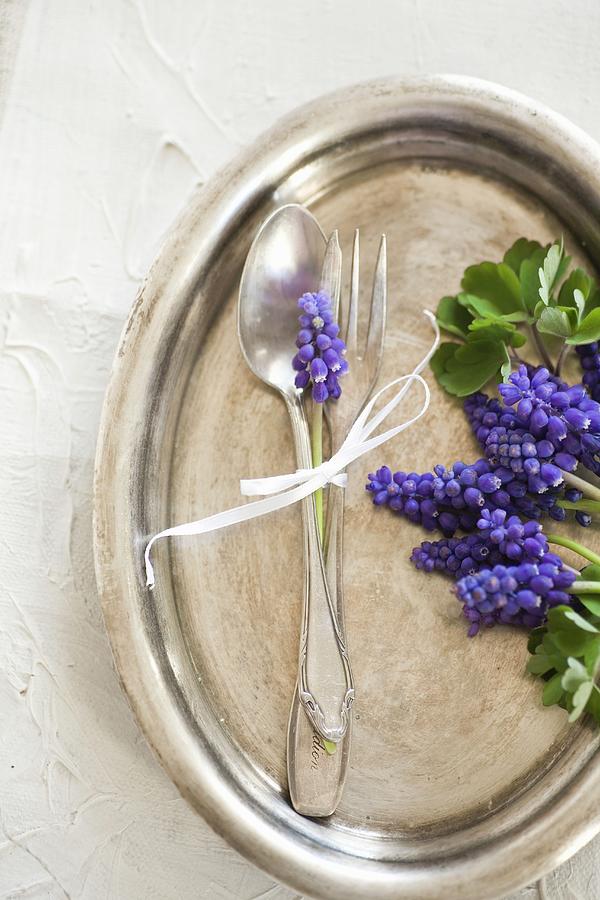 Grape Hyacinths And Silver Cutlery On Silver Tray Photograph by Alicja Koll