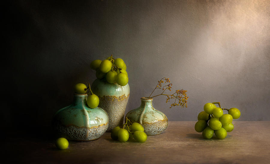 Grape Photograph - Grape Whit Green Vase by Jie Fischer