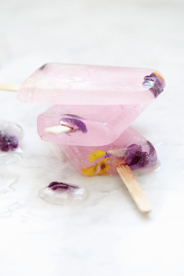 Grapefruit And Violet Flower Ice Lollies Photograph by Viola Cajo