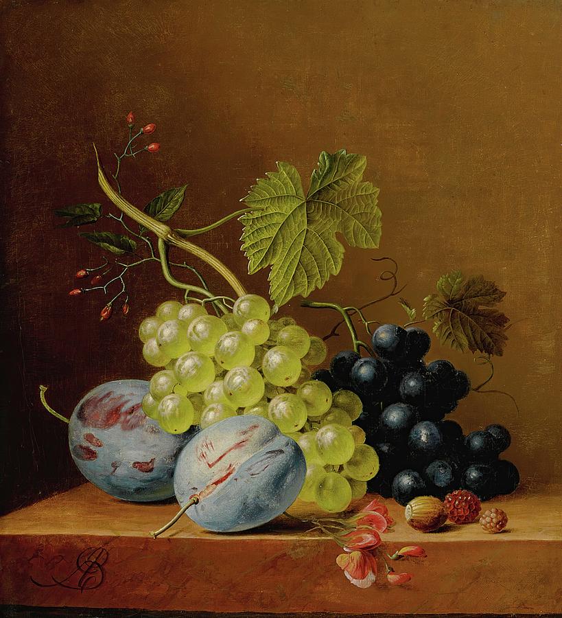 Grapes, Plums, Raspberries, Flowers And An Acorn Painting by Arnoldus ...