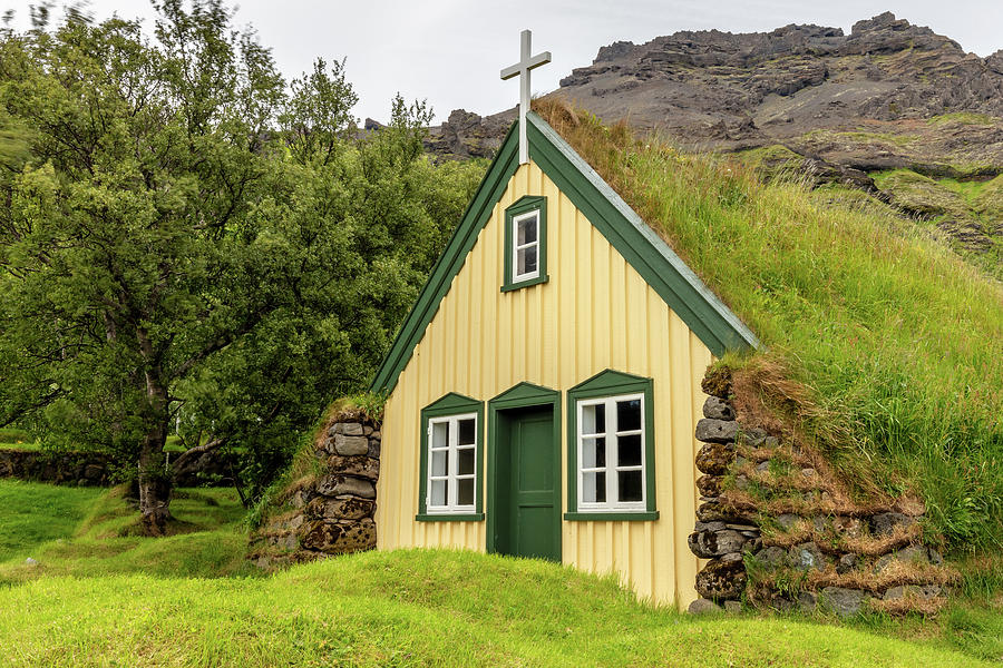 Grass Roof Church Iceland Photograph