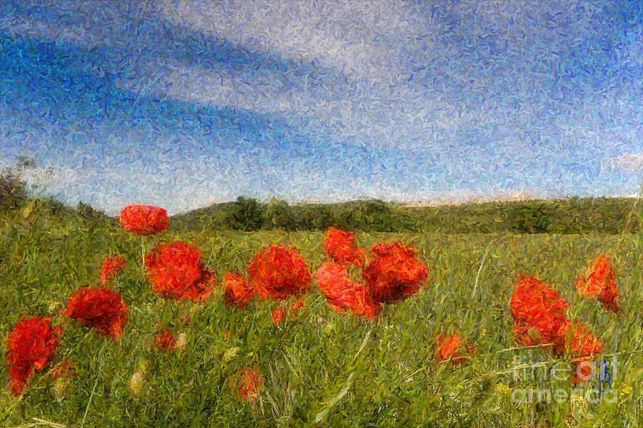 Grassland and Red Poppy Flowers 3 Digital Art by Jean Bernard Roussilhe
