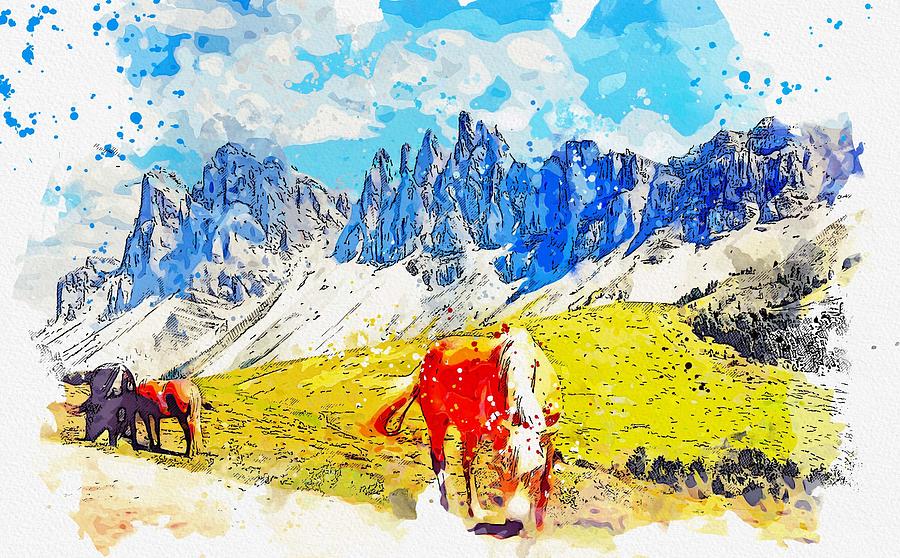 Grassland  Hayfield and Alpine Wild Horses -  watercolor by Ahmet Asar Painting by Celestial Images