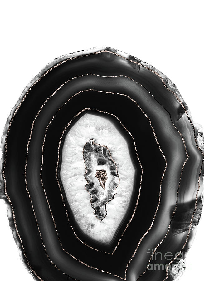 Black-and-white Mixed Media - Gray Black White Agate with Rose Gold Glitter #7 #gem #decor #art by Anitas and Bellas Art