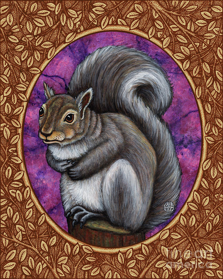 Gray Squirrel Portrait - Brown Border  Painting by Amy E Fraser