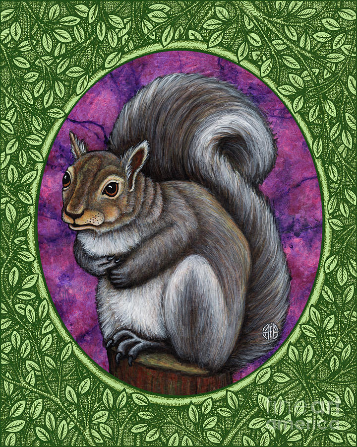 Gray Squirrel Portrait - Green Border  Painting by Amy E Fraser