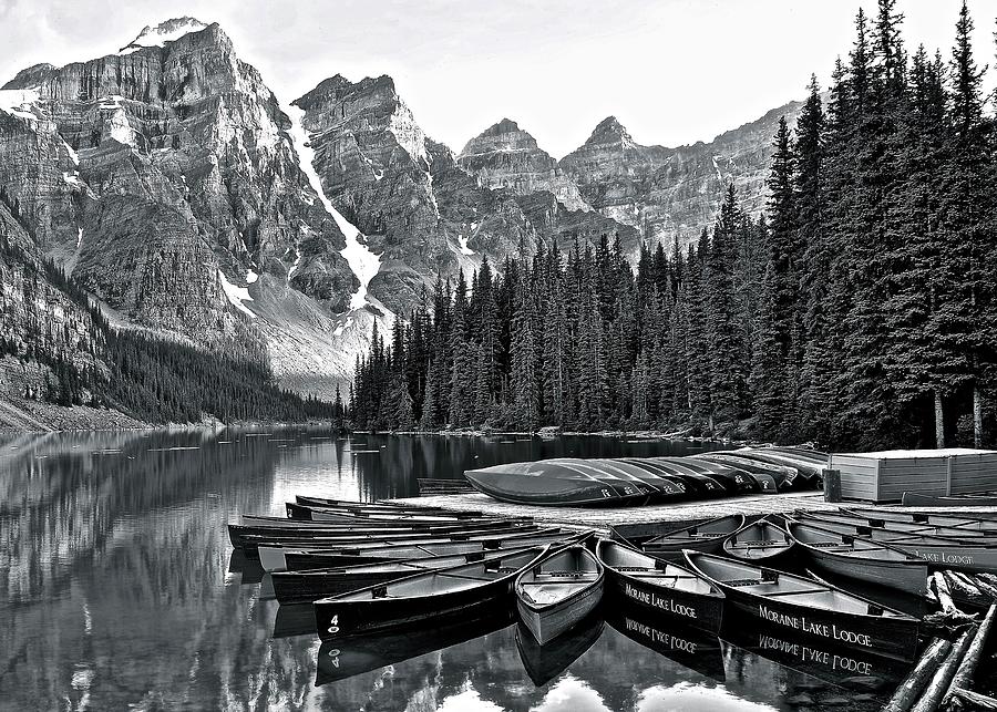 Banff National Park Photograph - Grayscale Lake Moraine by Frozen in Time Fine Art Photography