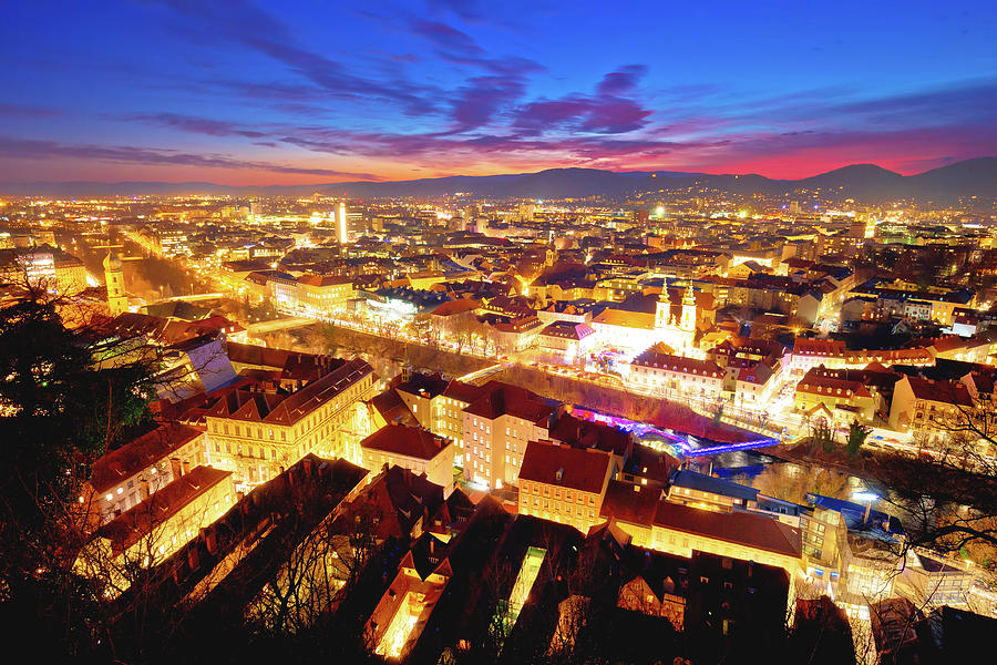Graz cityscape evening colorful aerial view Photograph by Brch Photography