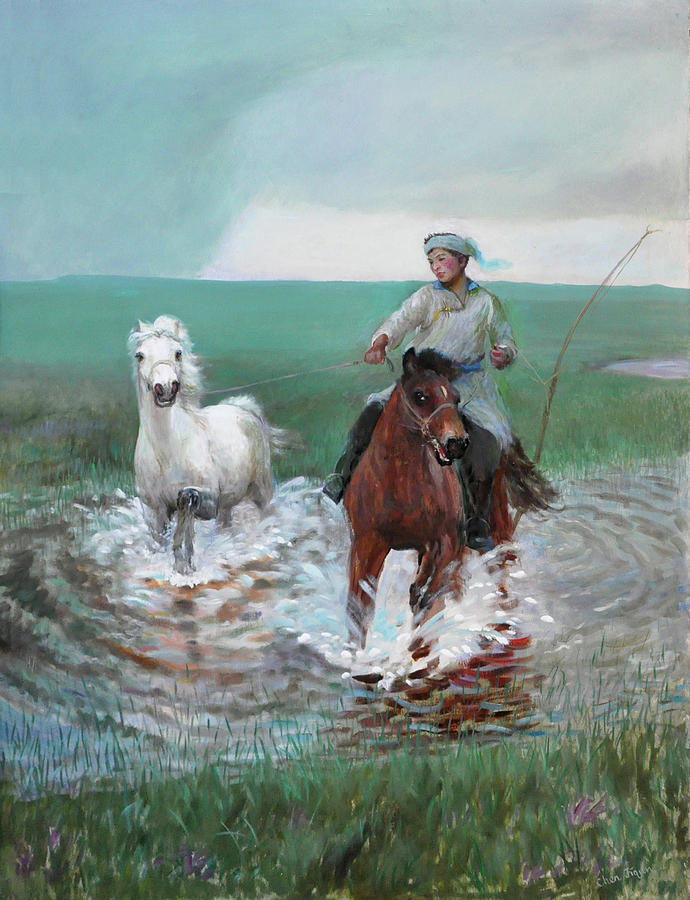 Grazing horse in the Nailin rivulet Painting by Ji-qun Chen