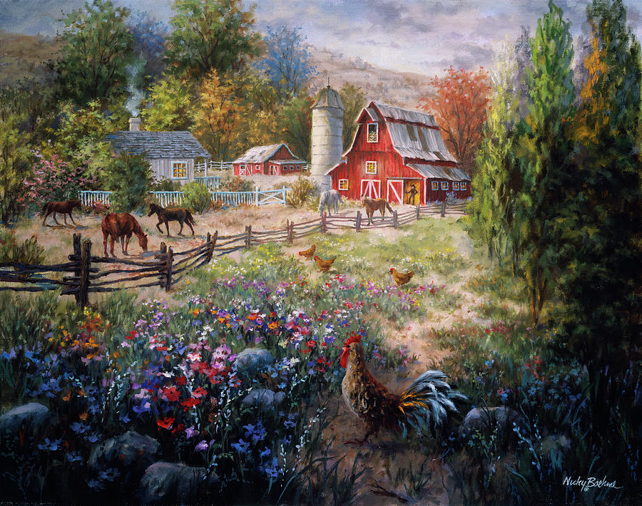 Farm Animals Painting - Grazing The Fertile Farmland by Nicky Boehme