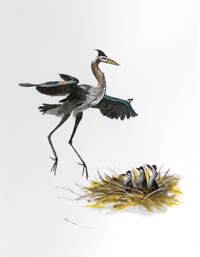 Great Blue Heron Acrylic Ink 5 Painting by Rick Mosher