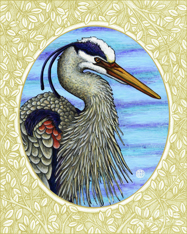 Great Blue Heron Portrait - Cream Border Painting by Amy E Fraser