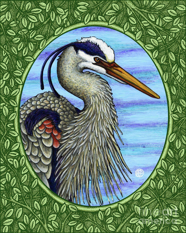 Great Blue Heron Portrait - Green Border Painting by Amy E Fraser