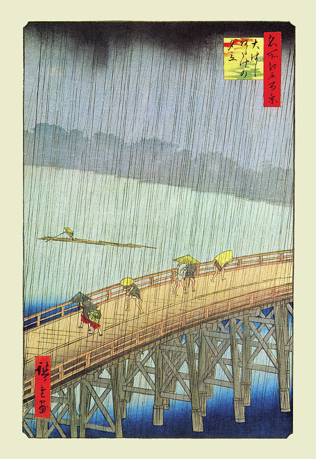 Great Bridge, Sudden Shower at Atake Painting by Hiroshige