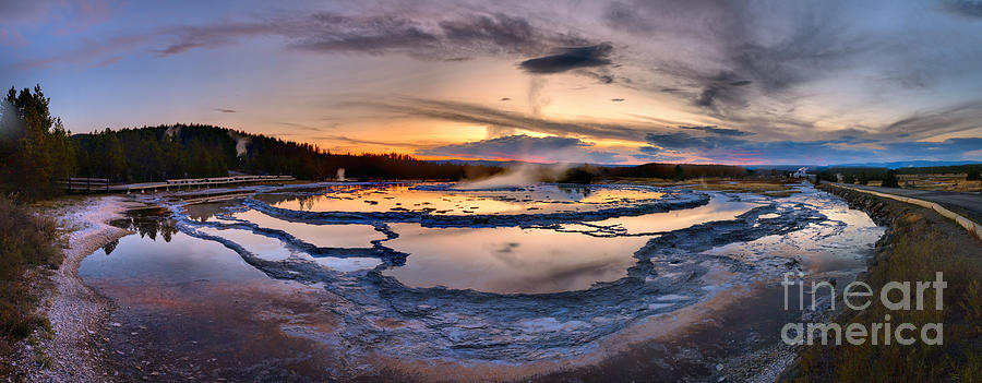 Yellowstone National Park Photograph - Great Fountain Extended Sunset Panorama by Adam Jewell