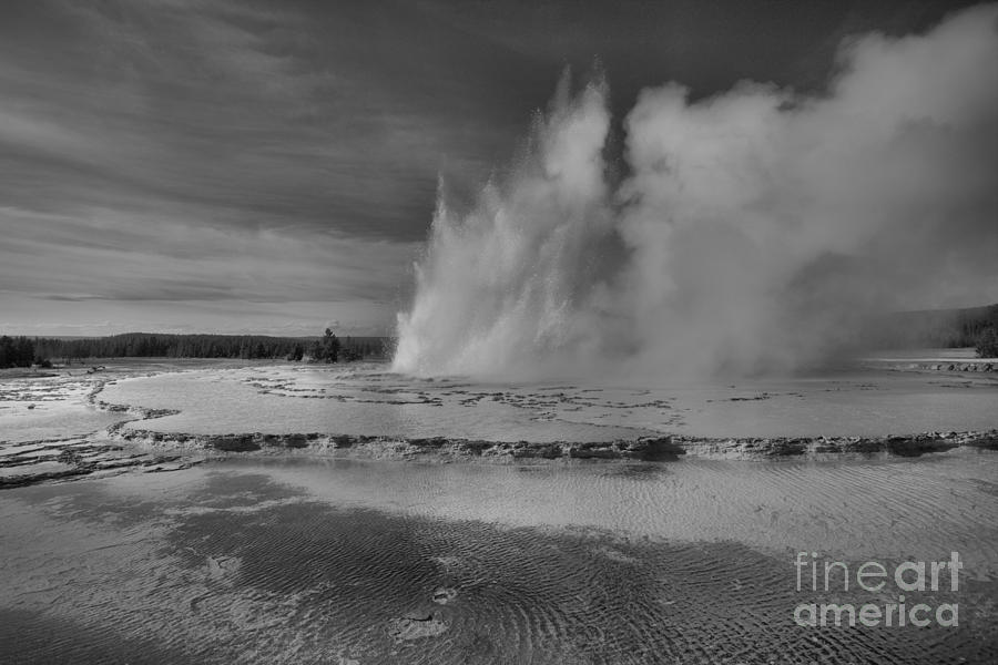 Yellowstone National Park Photograph - Great Fountain Geyer Eruption In The Wind Black And White by Adam Jewell