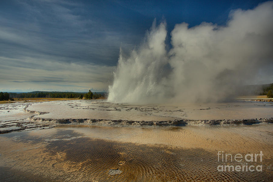 Yellowstone National Park Photograph - Great Fountain Geyser Eruption In The Wind by Adam Jewell