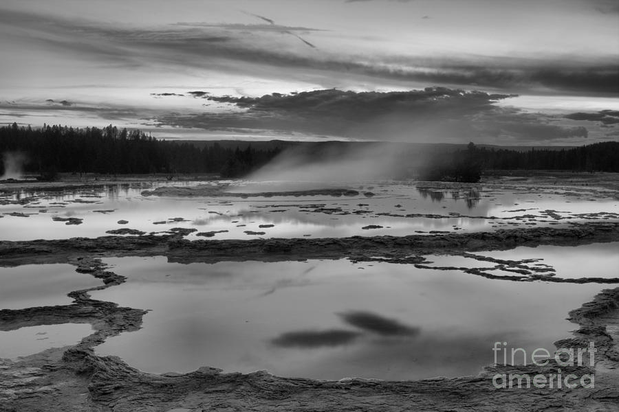 Great Fountain Geyser Fiery Sunset Black And White Photograph by Adam Jewell