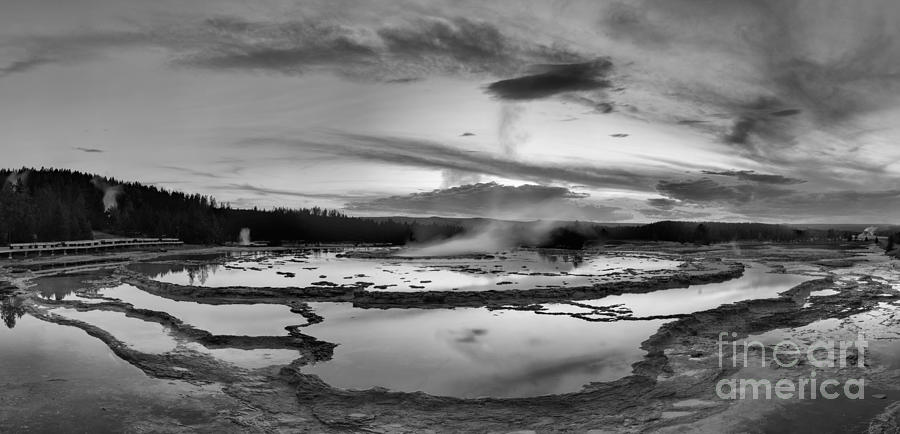 Yellowstone National Park Photograph - Great Fountain Geyser Sunset Reflections Black And White by Adam Jewell