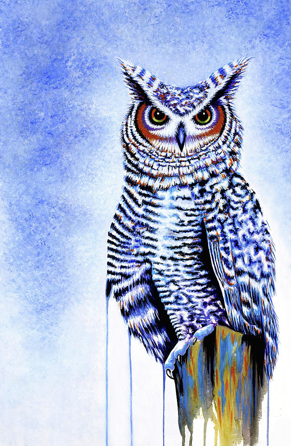 Animal Painting - Great Horned Owl In Blue by Michelle Faber