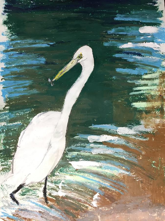 Great White Egret Eating A Small Fish Mixed Media by Danielle Rosaria
