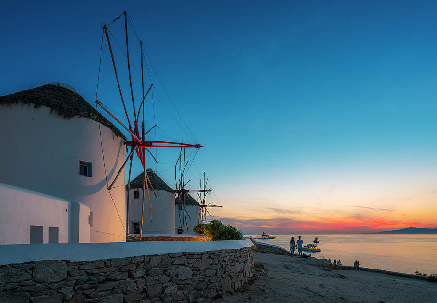 Greece, Aegean Islands, Cyclades, Mediterranean Sea, Aegean Sea, Greek Islands, Mikonos Island, Mykonos, Windmills At Sunset Digital Art by Giorgio Filippini