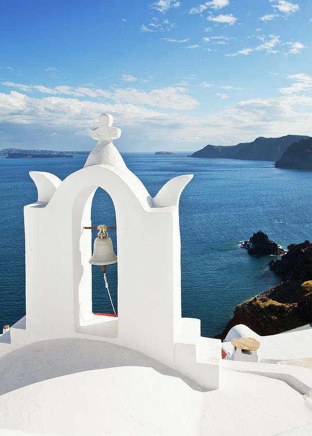Greece, Aegean Islands, Cyclades, Santorini Island, Greek Islands, Oia Village, Typical Church Bell Overlooking The Sea Digital Art by Luigi Vaccarella