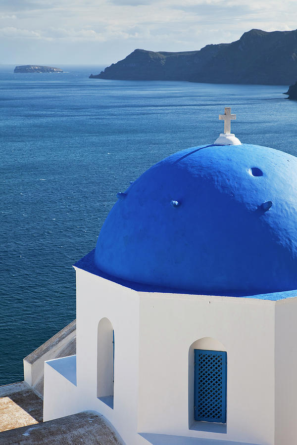 Greece, Aegean Islands, Cyclades, Santorini Island, Greek Islands, Oia Village, Typical Church Overlooking The Sea Digital Art by Luigi Vaccarella