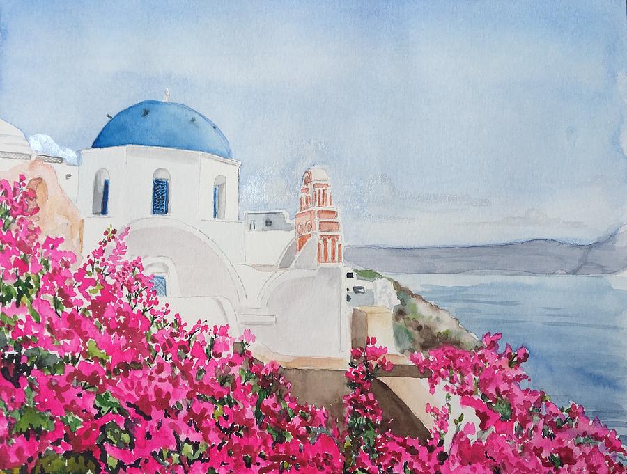 Greek landscape. watercolor painting. Landscape with flowers