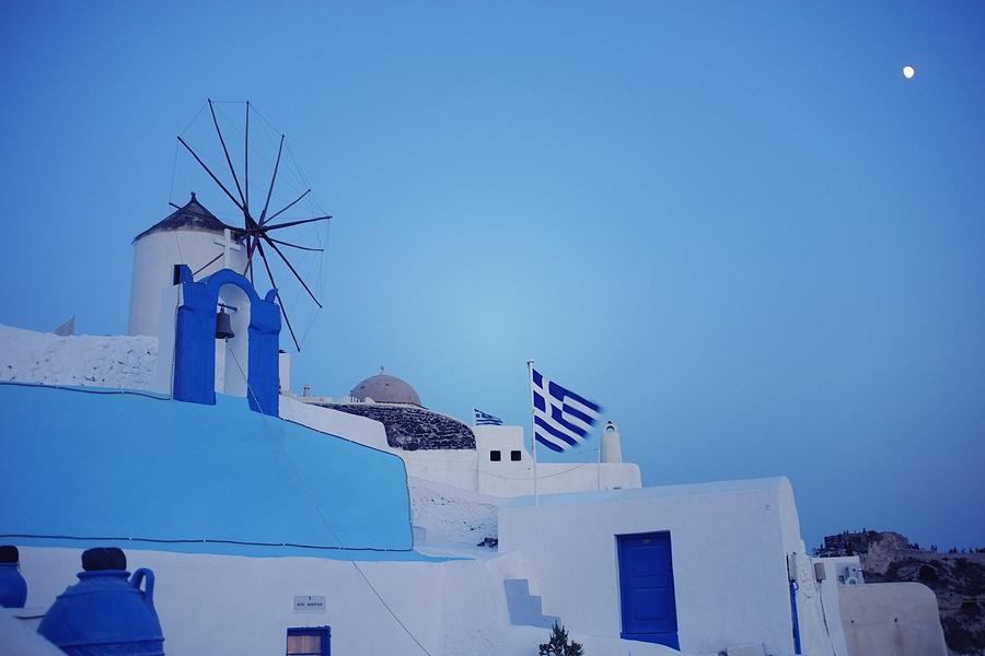 Greece National Flag Flying In Santorini Photograph by Vickie Abby@macau - Flickr.com/vickieabby/