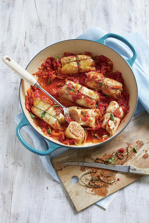Greek Cabbage Rolls With Minced Meat And Rice In Roasting Pan Photograph by Oliver Stockfood Studios / Brachat