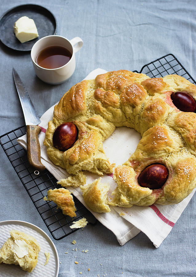 Greek Easter Bread With Boiled Eggs, Served With Tea And Butter Photograph by Zuzanna Ploch