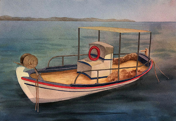 Greek Fishing Boat Painting - Greek Fishing by Nancy Goldman
