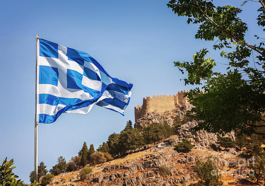 Greek flag at Lindos Rhodes Photograph by Sophie McAulay