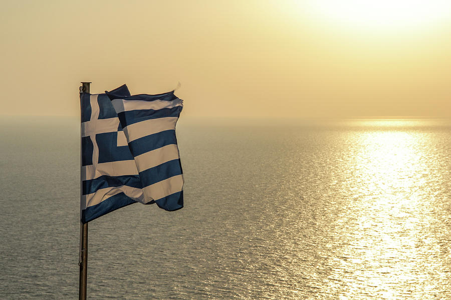 Greek Flag Waving By Sea Against Sky During Sunset Photograph by Cavan Images Greek Flag Waving By Sea Against Sky During Sunset Photograph by Cavan Images