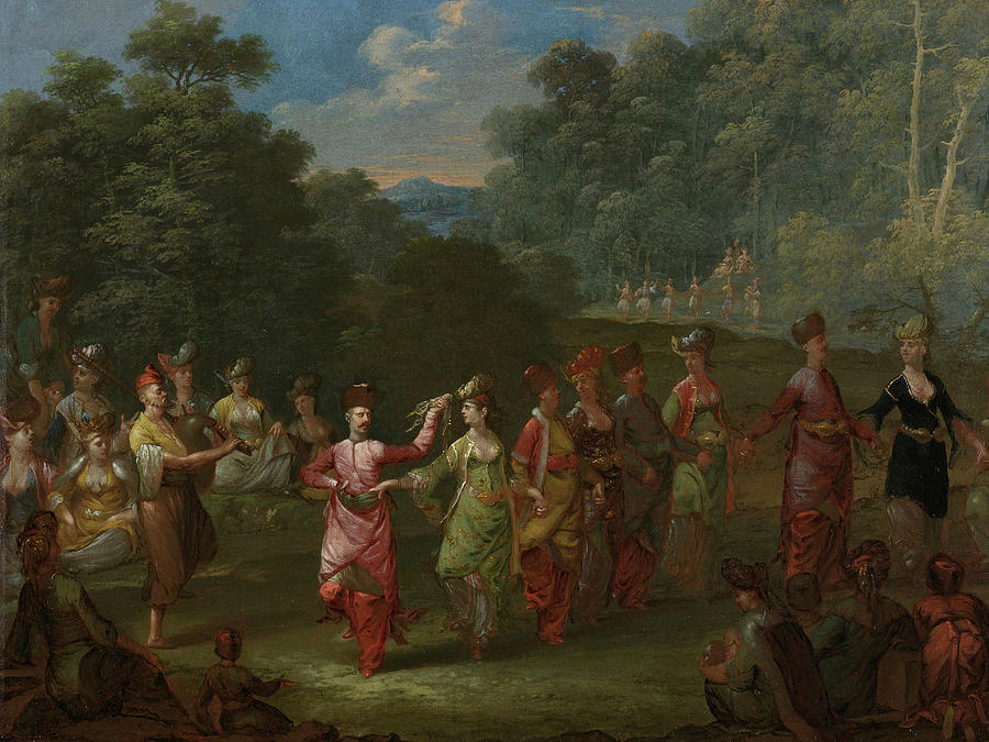 Greek Men and Women Dance the Khorra Painting by Jean Baptiste Vanmour