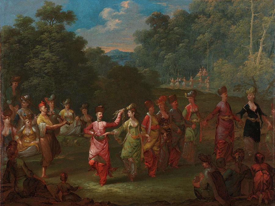 Greek Men and Women Dancing the Khorra. Griekse mannen en vrouwen dansen de khorra. Painting by Jean Baptiste Vanmour