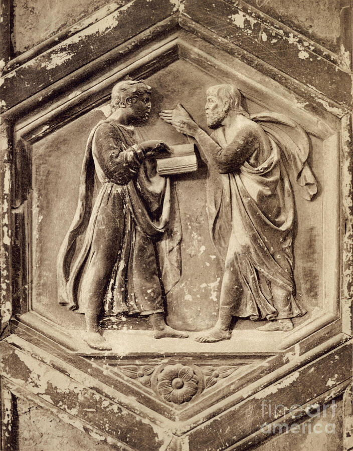 Greek Philosopher Plato (428-348 Bc) With Aristotle, Greek Philosopher On A Low Relief Entitled logic On The Bell Tower Of The glise Santa Maria Del Fiore, The Cathedral Of Florence Drawing by American School