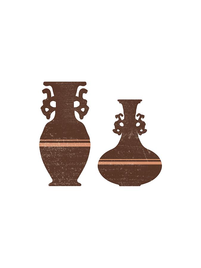 Greek Pottery 29 - Clay Vases - Terracotta Series - Modern, Contemporary, Minimal Abstract - Auburn Mixed Media by Studio Grafiikka