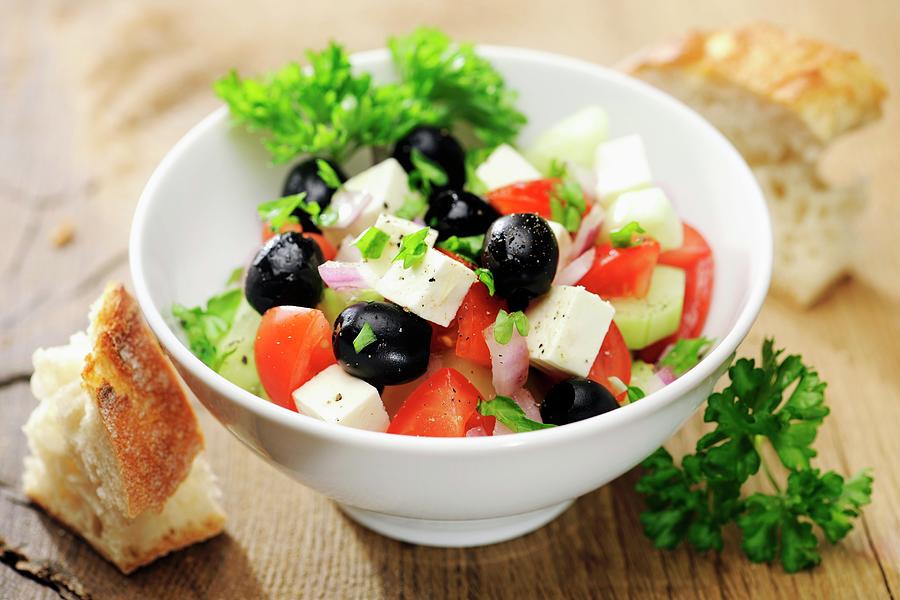 Greek Salad With Black Olives And Feta Cheese Photograph by Ina Peters