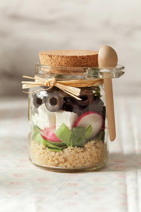 Greek Style Lunch Jar With Feta Cheese And Black Olives In A Cute Jar With Cork Lid And Wooden Spoon Photograph by Stacy Grant