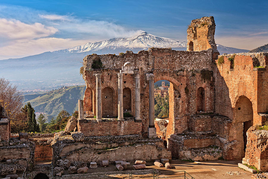 Greek Theatre, Ruins, Mount Etna Digital Art by Antonino Bartuccio