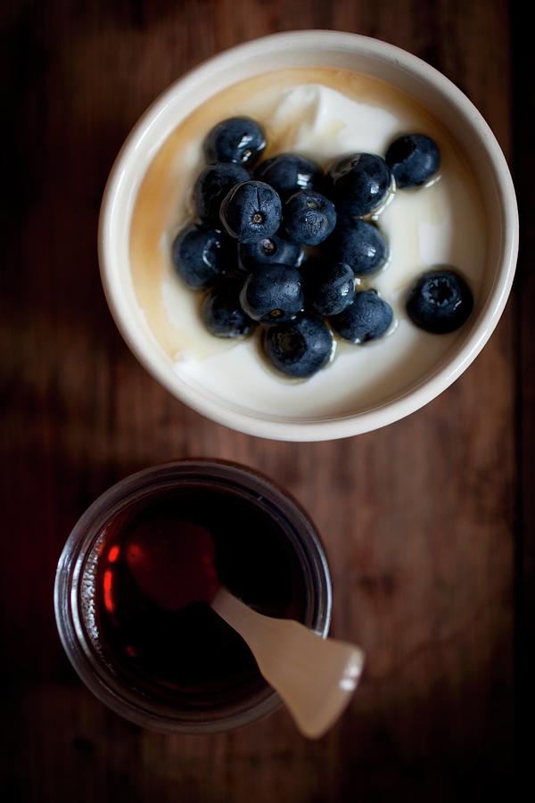 Greek Yogurt With Fresh Blueberries And Pure Canadian Maple Syrup Photograph by Harley, Victoria
