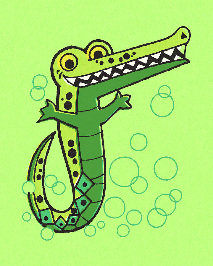 Alligator Drawing - Green Alligator on a Green Background by CSA Images