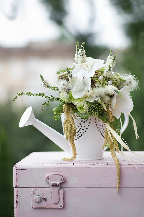 Green And White Bouquet With White Orchids In Watering Can Photograph by Alicja Koll