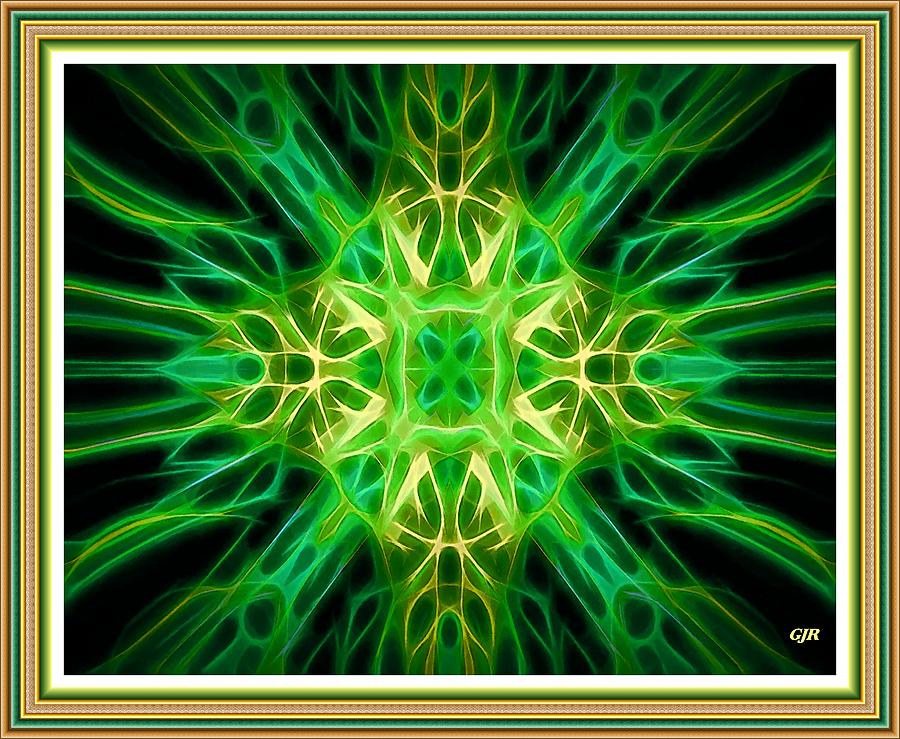 Green And Yellow Kaleidoscope Fantasy L A S With Printed Frame. Digital Art