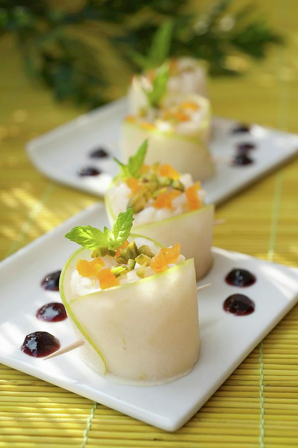 Green Apple And Fresh Goats Cheese Makis With Crushed Pistachios, Diced Apricots And Cherry Jam Photograph by Paquin
