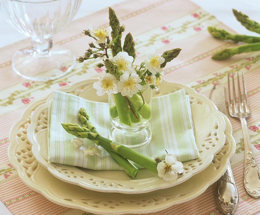 Green Asparagus And Apple Blossom plate Decoration Photograph by Strauss, Friedrich