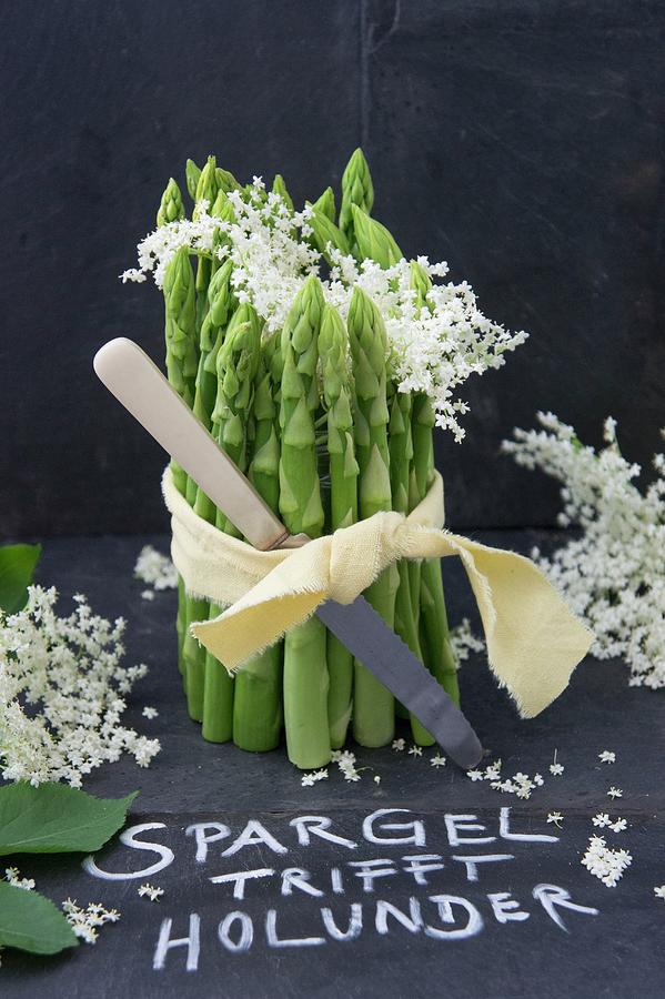 Green Asparagus And Elderflower Table Decoration Photograph by Martina Schindler